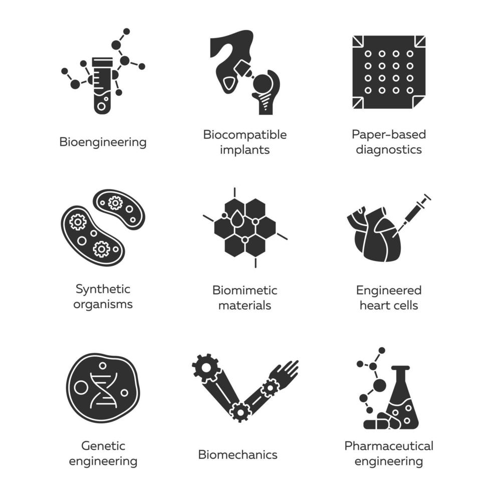 Bioengineering glyph icons set. Biotechnology for health, researching, materials creating. Molecular biology, biomedical and molecular engineering. Silhouette symbols. Vector isolated illustration