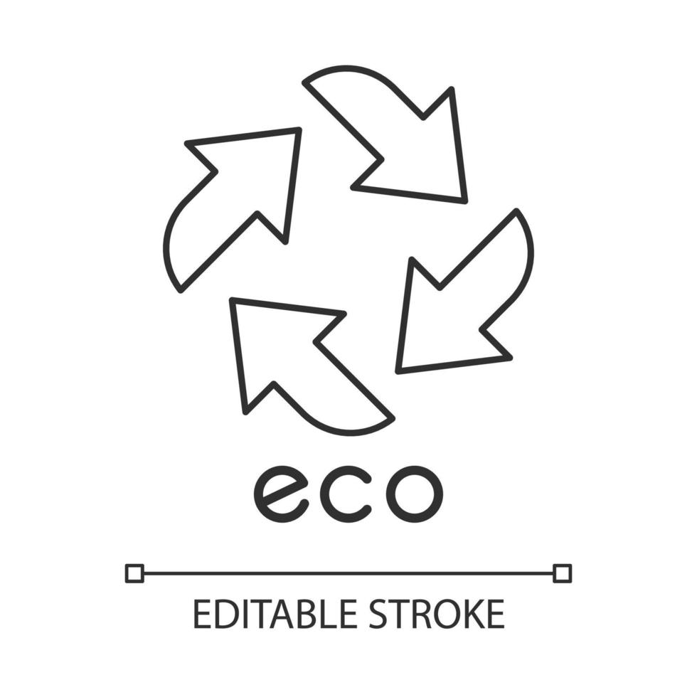 Eco label linear icon. Four straight arrow signs. Recycle symbol. Alternative energy. Environmental protection sticker. Thin line illustration. Contour symbol. Vector isolated drawing. Editable stroke