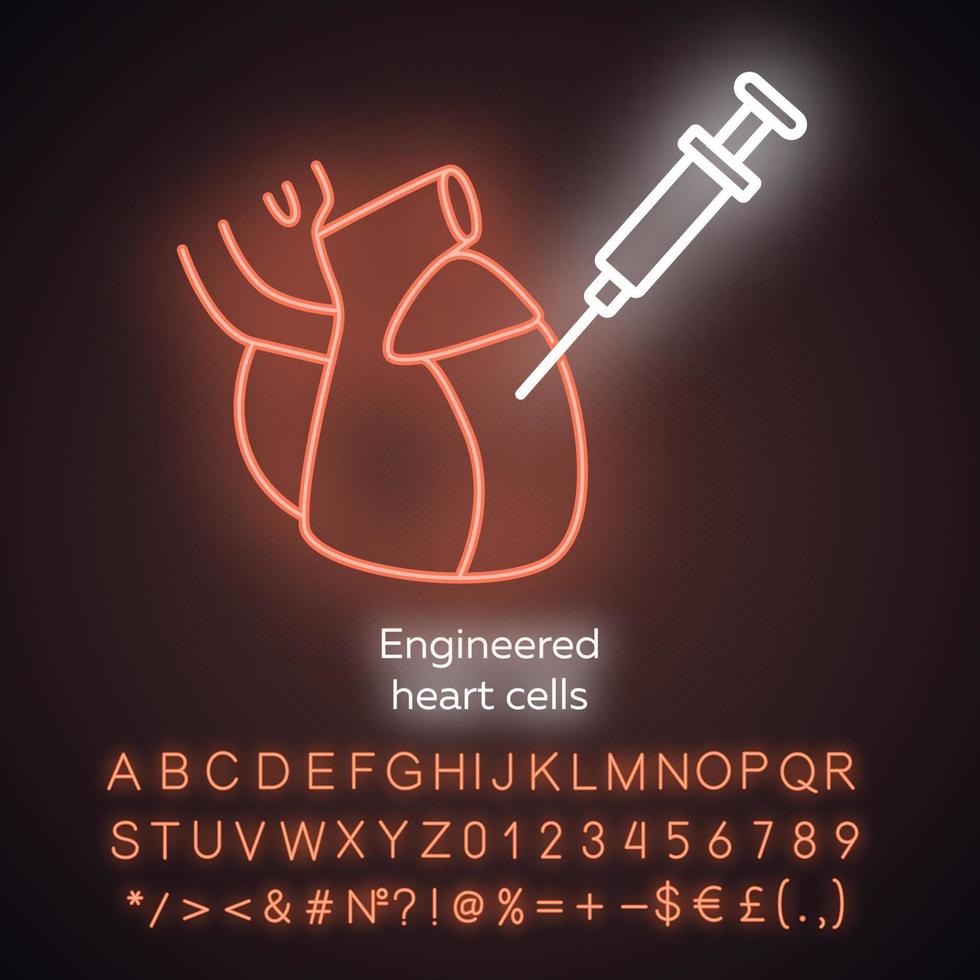 Engineered heart cells neon light icon. Human engineered cardiac tissues. HECTs. Heart injection. Bioengineering. Glowing sign with alphabet, numbers and symbols. Vector isolated illustration
