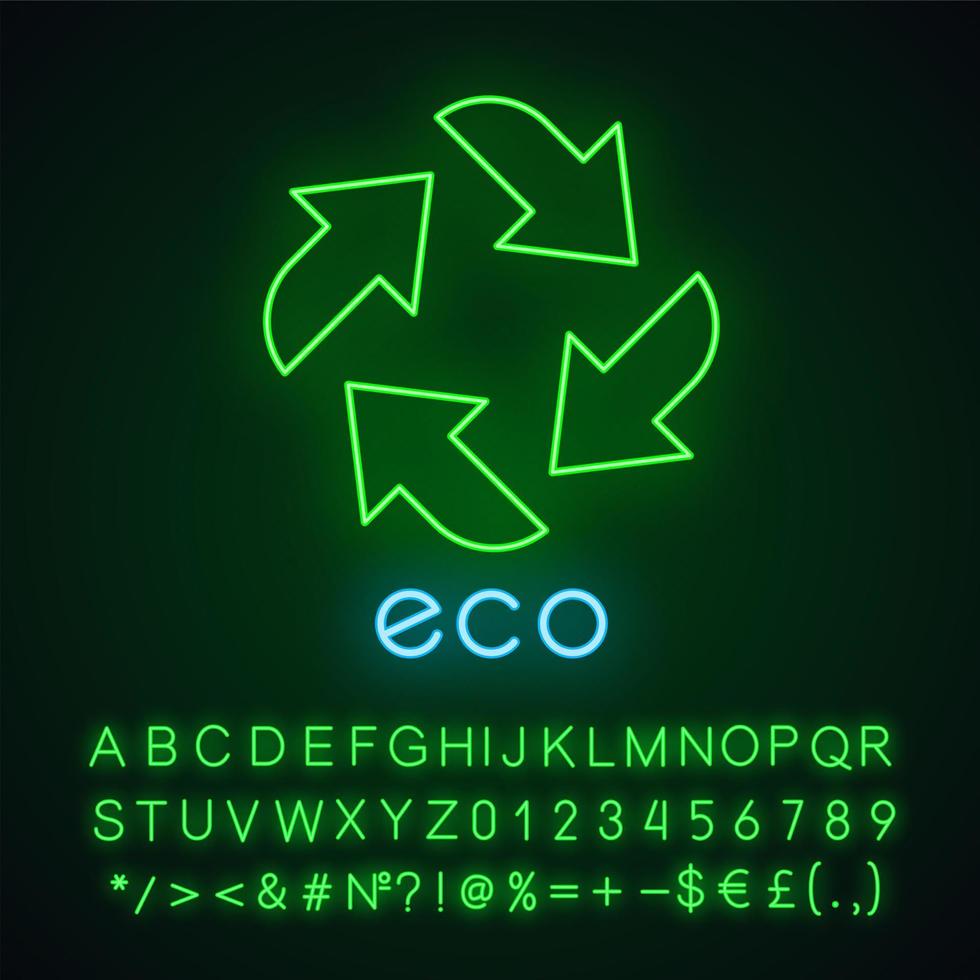 Eco label neon light icon. Four straight arrow signs. Recycle symbol. Alternative energy. Environmental protection sticker. Glowing sign with alphabet, numbers and symbol. Vector isolated illustration