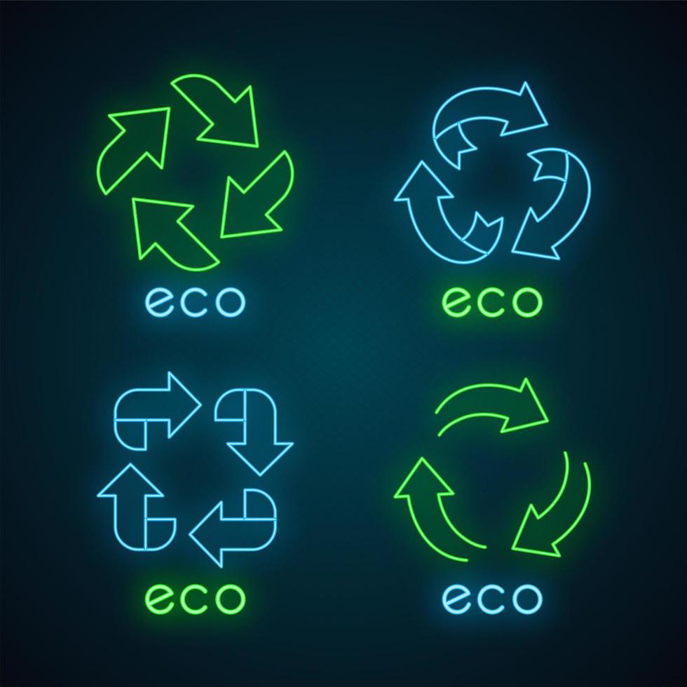 Eco labels neon light icons set. Arrows signs. Recycle symbols. Alternative energy. Environmental protection stickers. Eco friendly chemicals. Glowing signs. Vector isolated illustrations