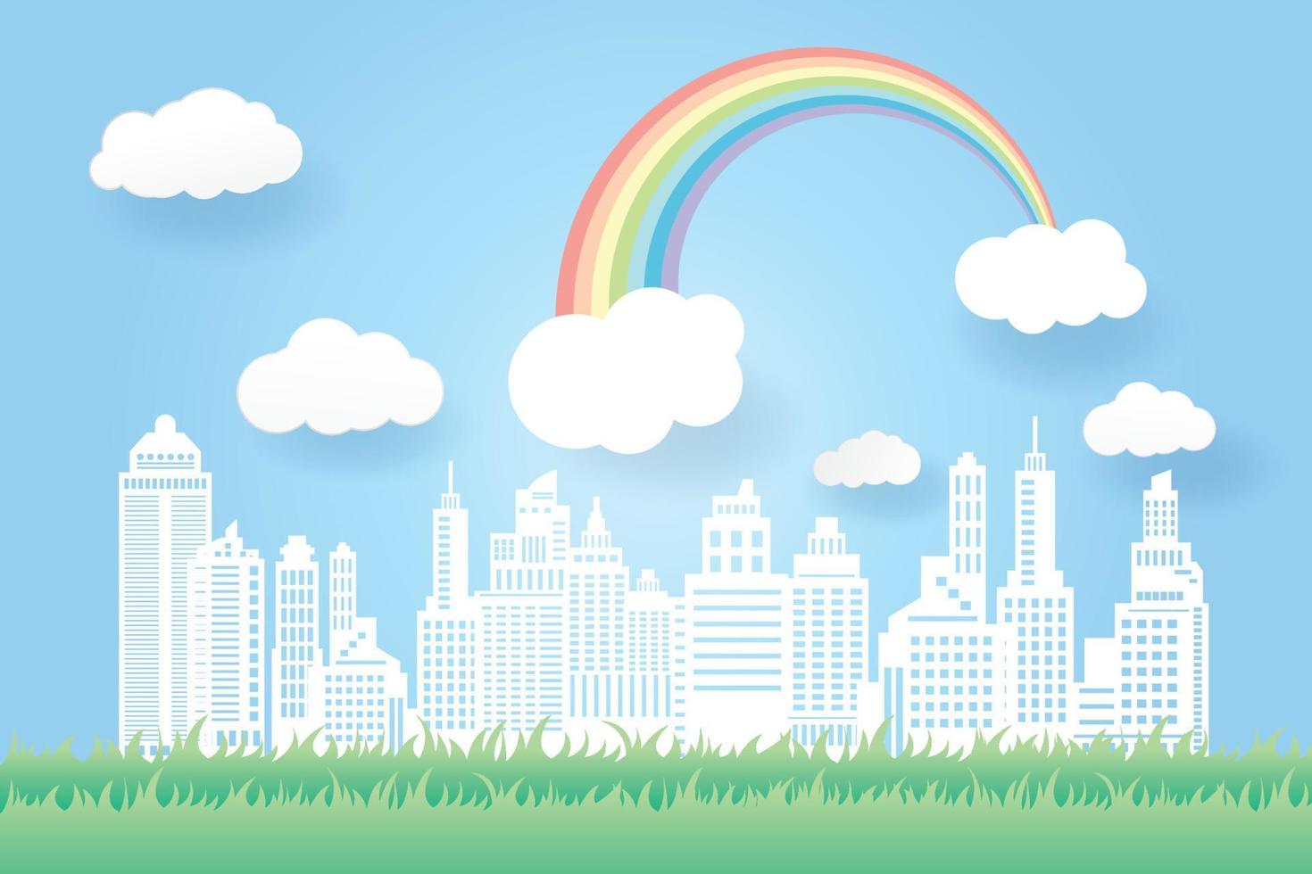 hermoso arco iris y flores en el paisaje de la ciudad, estilo de arte en papel vector