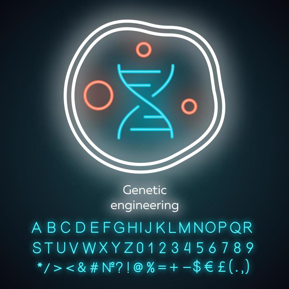 icono de luz de neón de ingeniería genética. Manipulación de genes mediante biotecnología. célula viva del cuerpo. modificación del genoma. signo brillante con alfabeto, números y símbolos. ilustración vectorial aislada vector