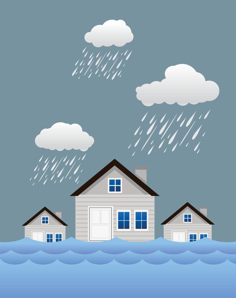Flood natural disaster with house, heavy rain and storm , damage with home, flooding water in city vector
