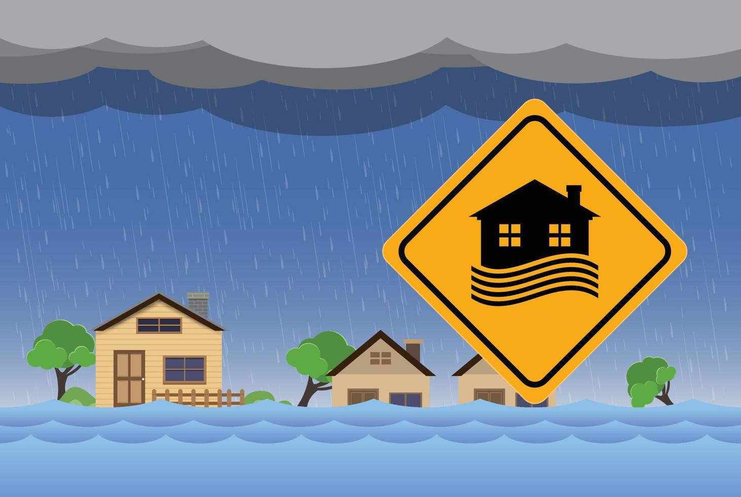 Flood natural disaster with house, heavy rain and storm , damage with home, clouds and rain, flooding water in city, Flooded house. vector