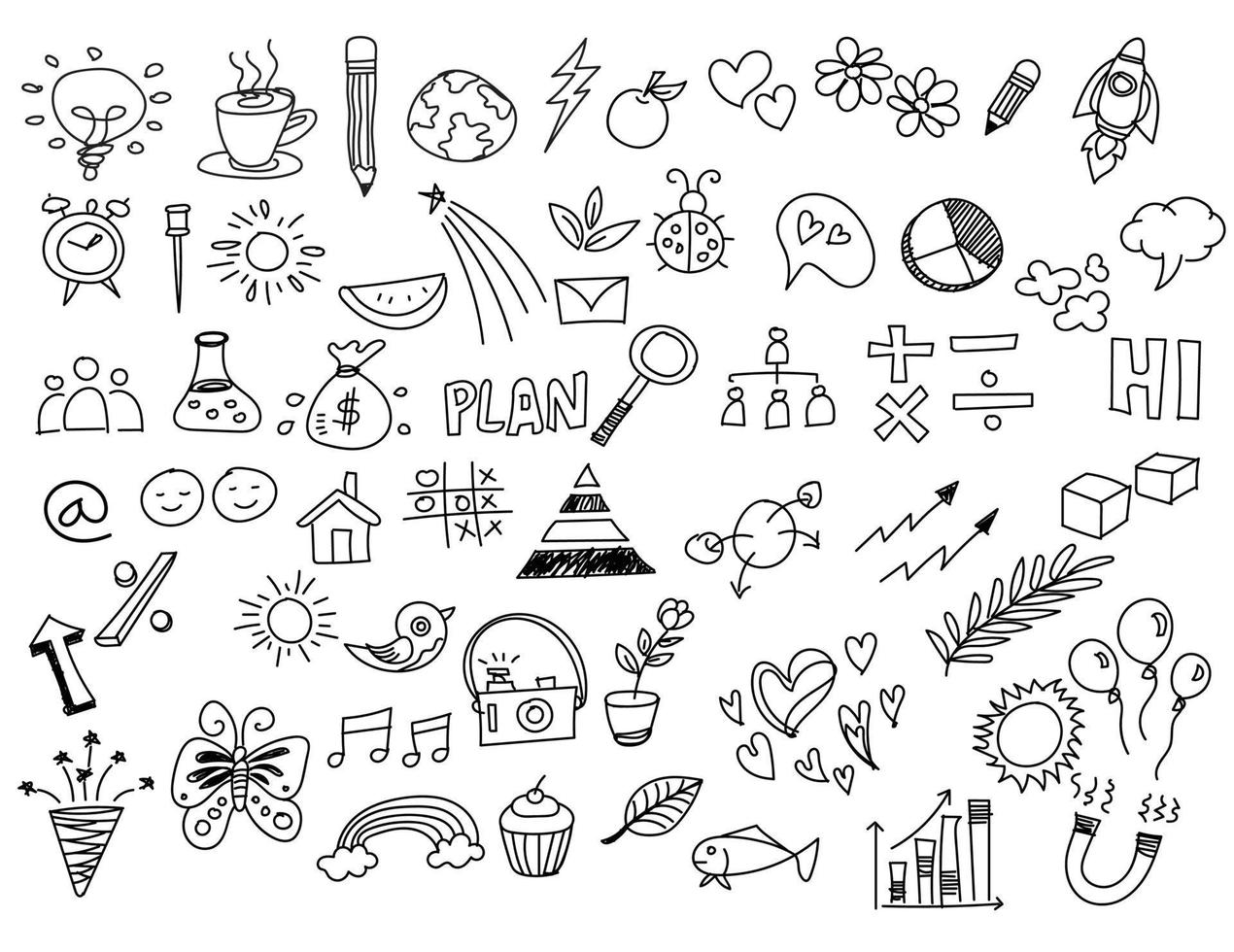 Hand drawn set of cute doodles style, on white background , Vector illustration.