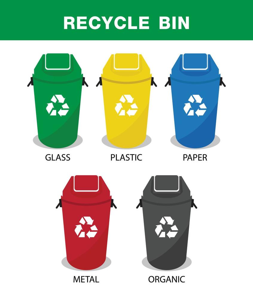 Recycle bin vector illustrations. Glass, Plastic, organic, paper and metal, recycling sorts categories, vector design.