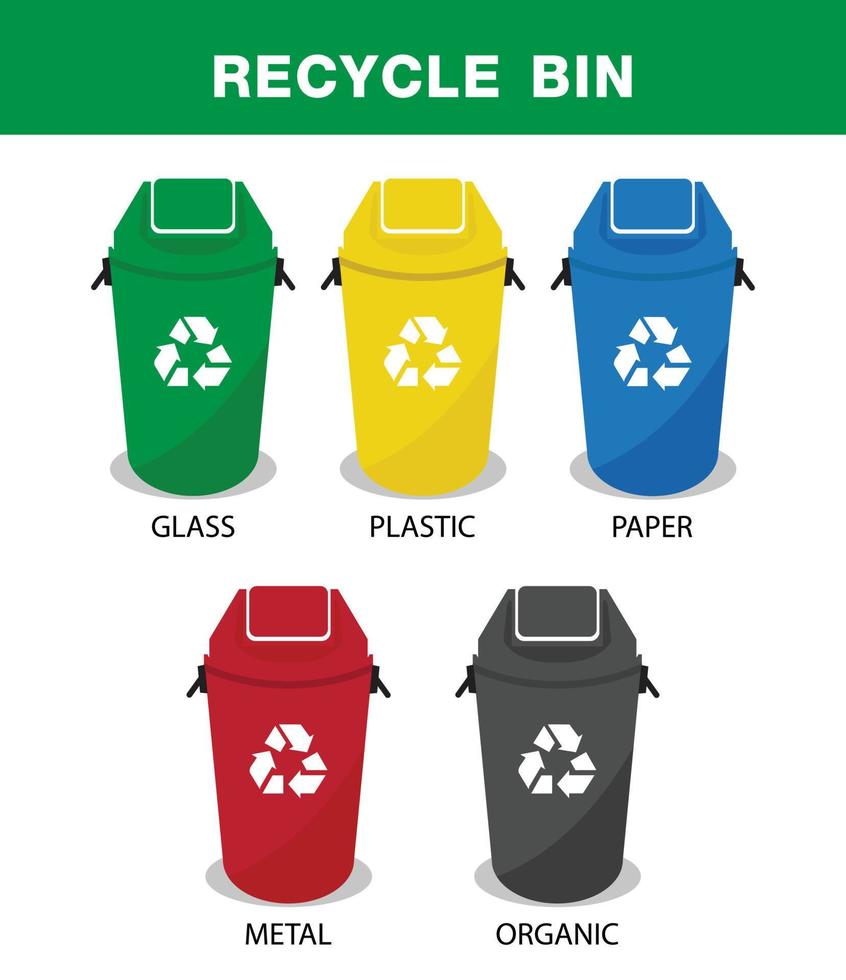 Recycle bin vector illustrations. Glass, Plastic, organic, paper and metal, recycling sorts categories, vector design.