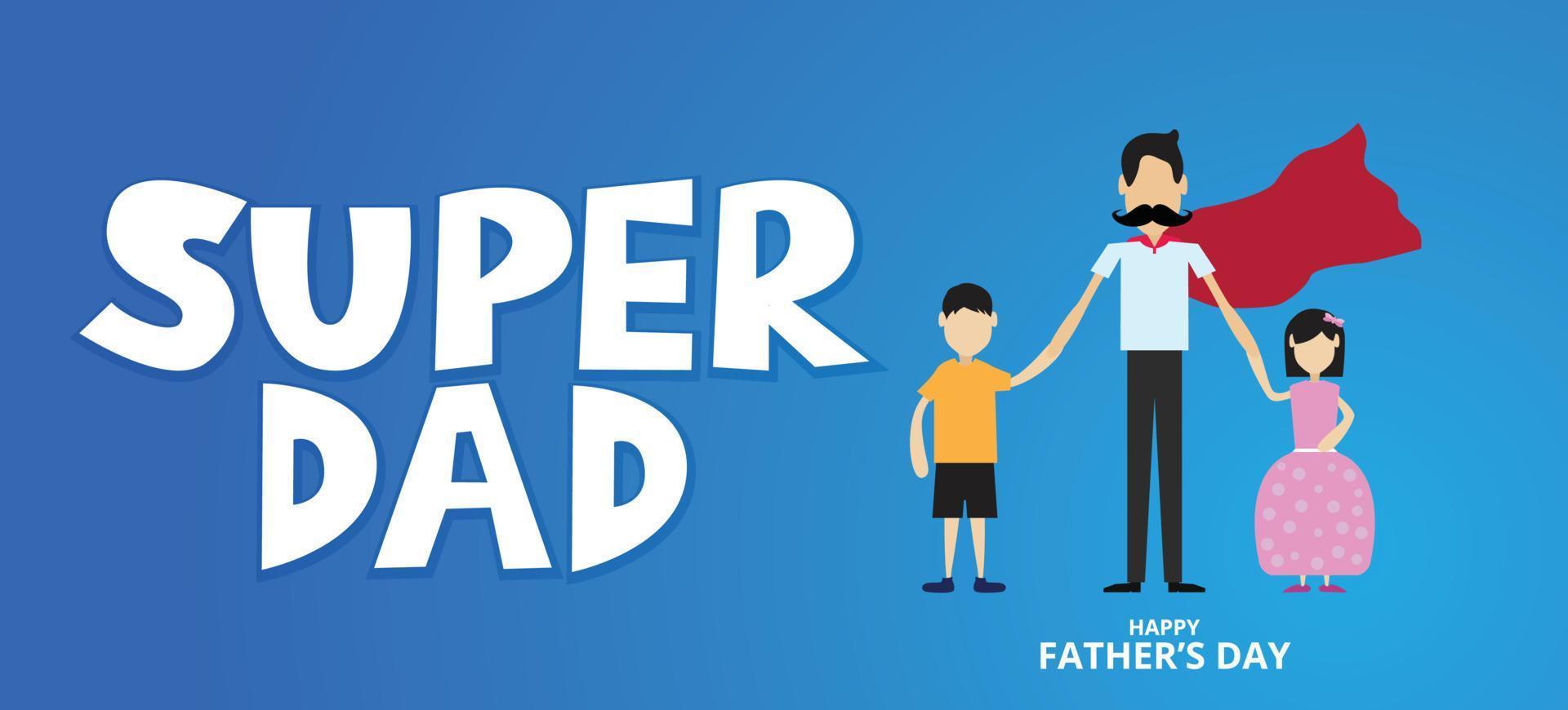 súper papá, feliz día del padre, con la mano de su hijo y su hija, concepto de papá amoroso, ilustración vectorial vector