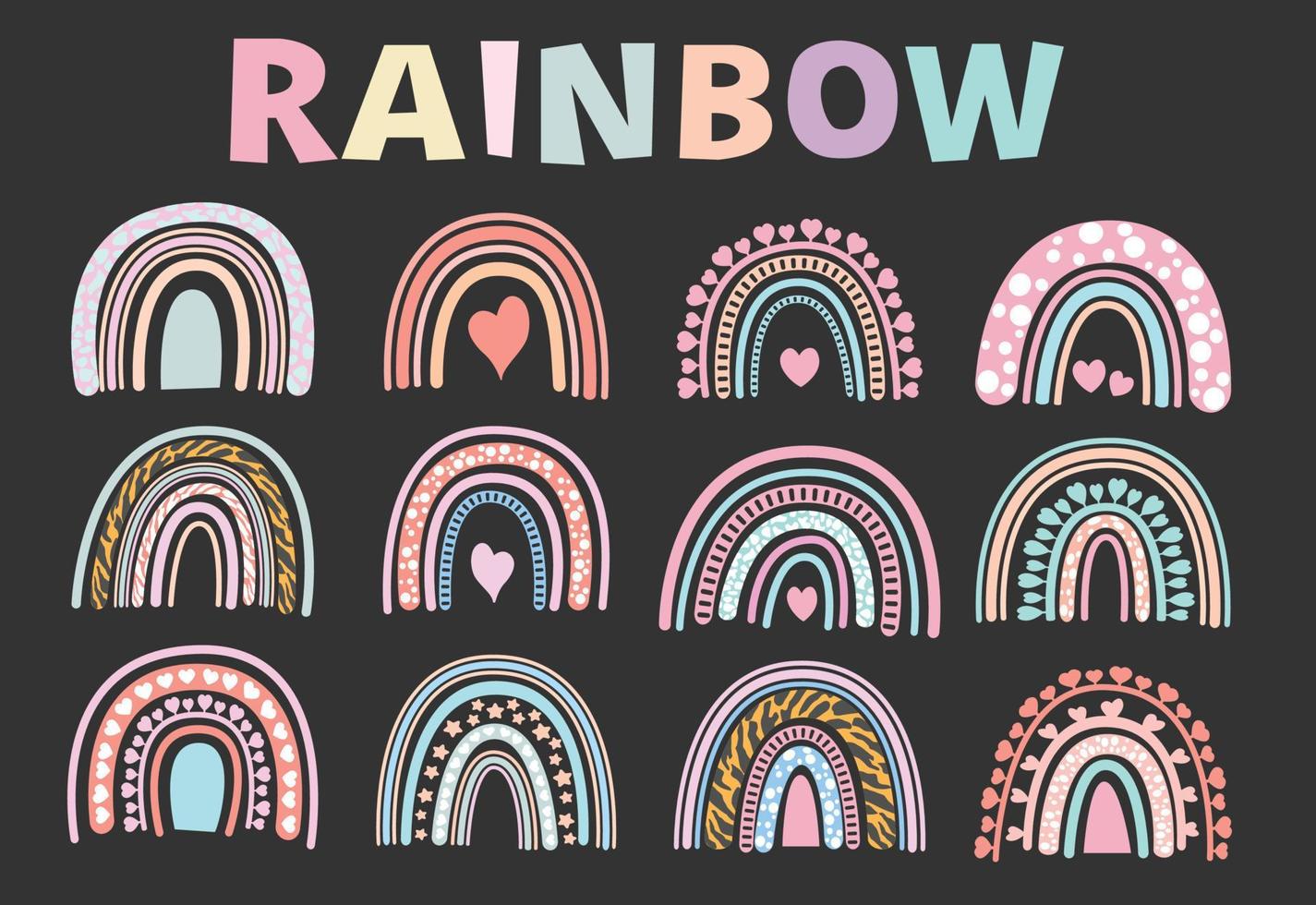 Set of rainbows isolated on white background, Rainbow doodles style with hearts, Childish flat vector illustrations.