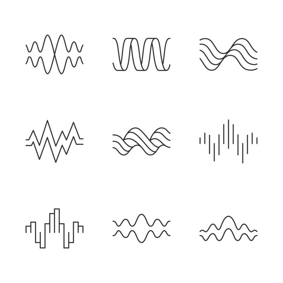 Sound waves linear icons set. Music rhythm, heart pulse. Audio waves, sound recording and signals. Digital waveforms. Thin line contour symbols. Isolated vector outline illustrations. Editable stroke