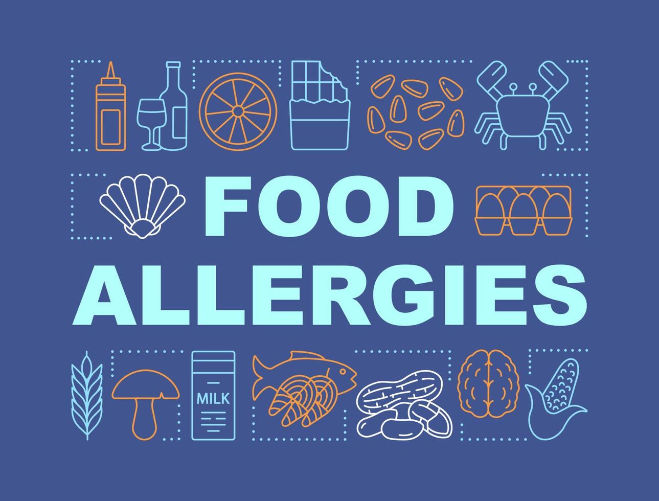 Food allergies word concepts banner. Allergic reaction to eggs, seafood, milk, nuts, alcohol. Presentation, website. Isolated lettering typography idea with linear icons. Vector outline illustration