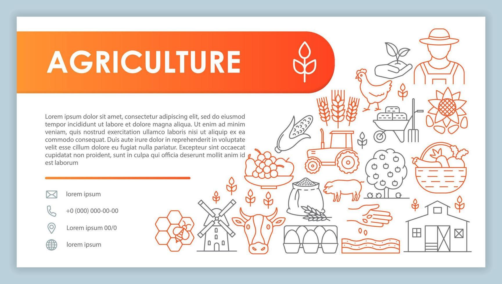 Farming web banner, business card vector template. Agricultural company contact page with phone, email linear icons. Rural economy, agronomy presentation, web page idea. Corporate print design layout