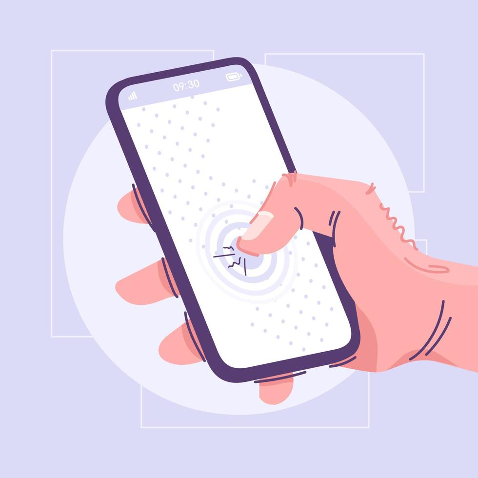 teléfono inteligente con ilustración de vector de pantalla táctil. concepto de dibujos animados de tecnología móvil interactiva. mano que sostiene el teléfono celular con pantalla en blanco de cerca. dispositivo electrónico personal, aparato moderno