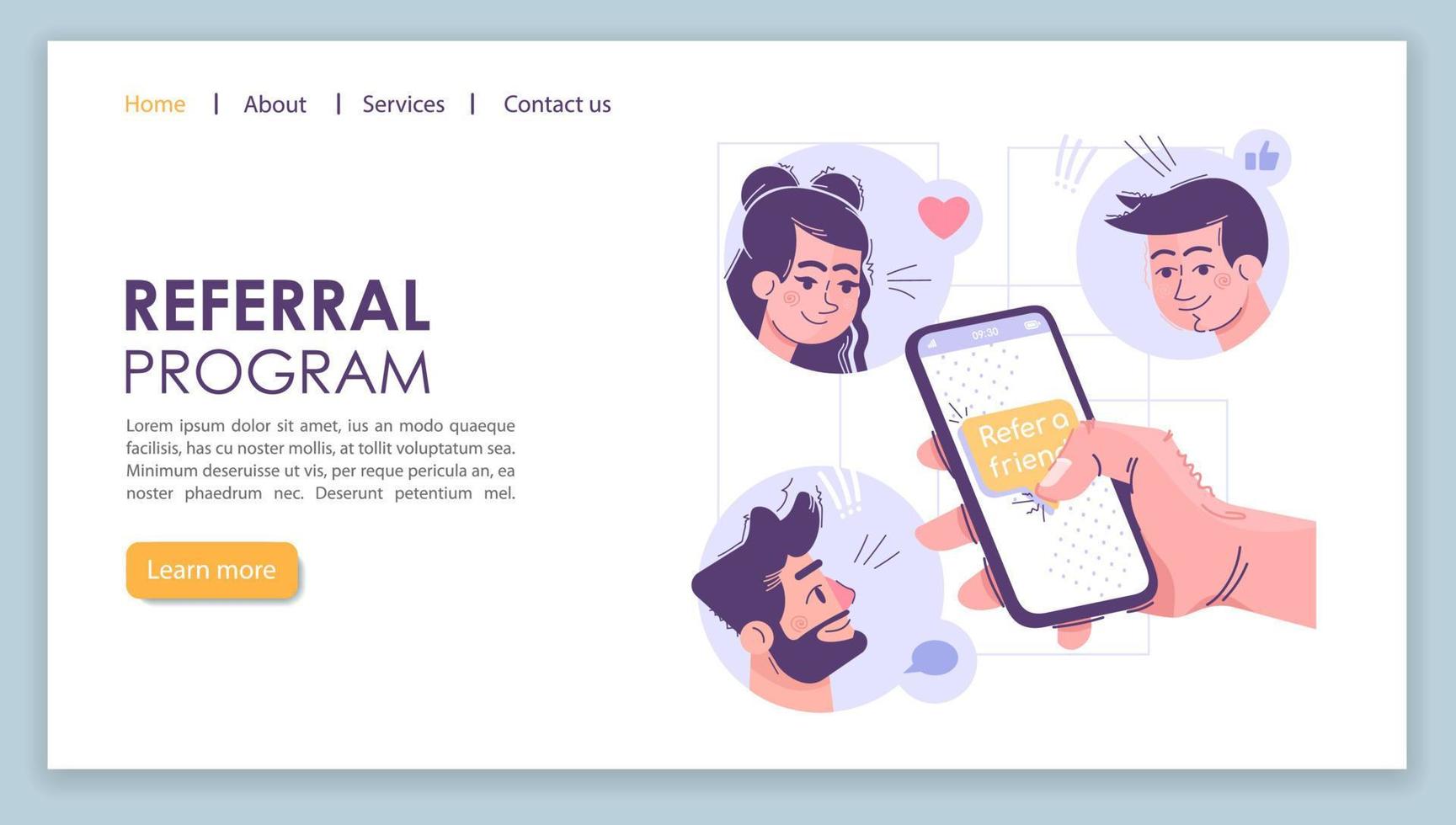 Referral program landing page vector template. Social media marketing website interface idea with flat illustrations. Company homepage layout. Refer a friend web banner, webpage cartoon concept