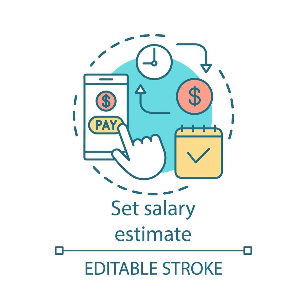Set salary estimate concept icon. Wage payment idea thin line illustration. Budget calculation, accounting. Online billing service. Financial calendar. Vector isolated outline drawing. Editable stroke