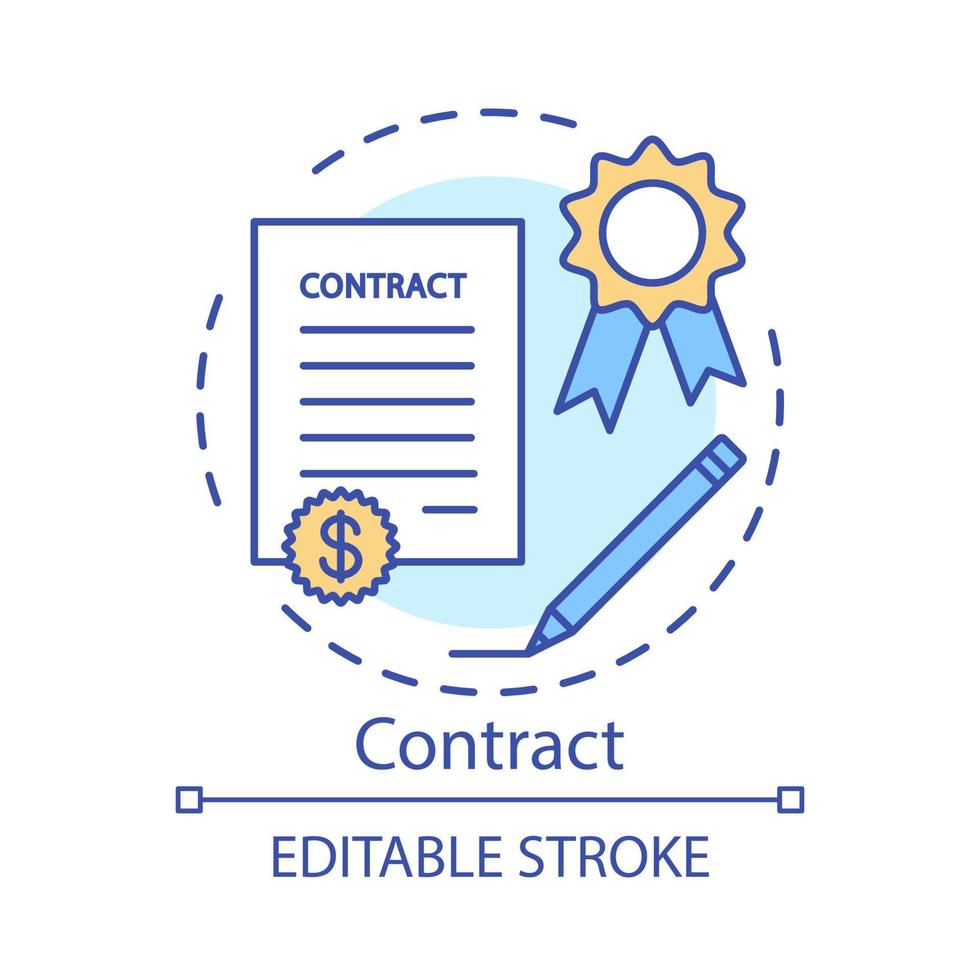 Contract concept icon. Legal agreement idea thin line illustration. Formal arrangement. Signing document. Deal, paperwork. Employee hiring, recruiting. Vector isolated outline drawing. Editable stroke