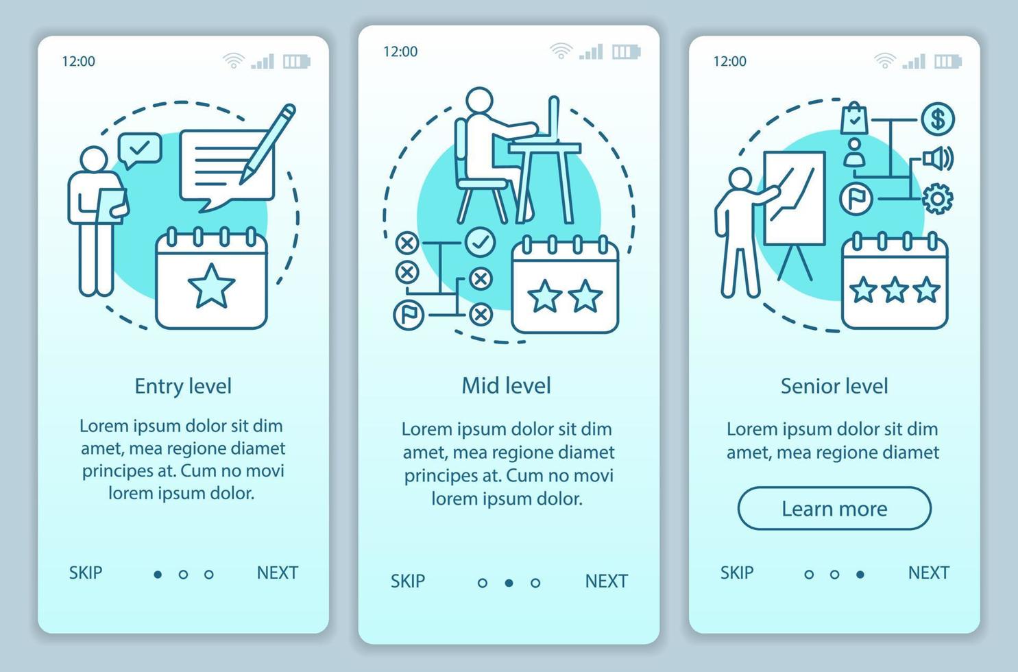 Work experience turquoise onboarding mobile app page screen vector template. Entry, mid, senior level. Walkthrough website steps with linear illustrations. UX, UI, GUI smartphone interface concept