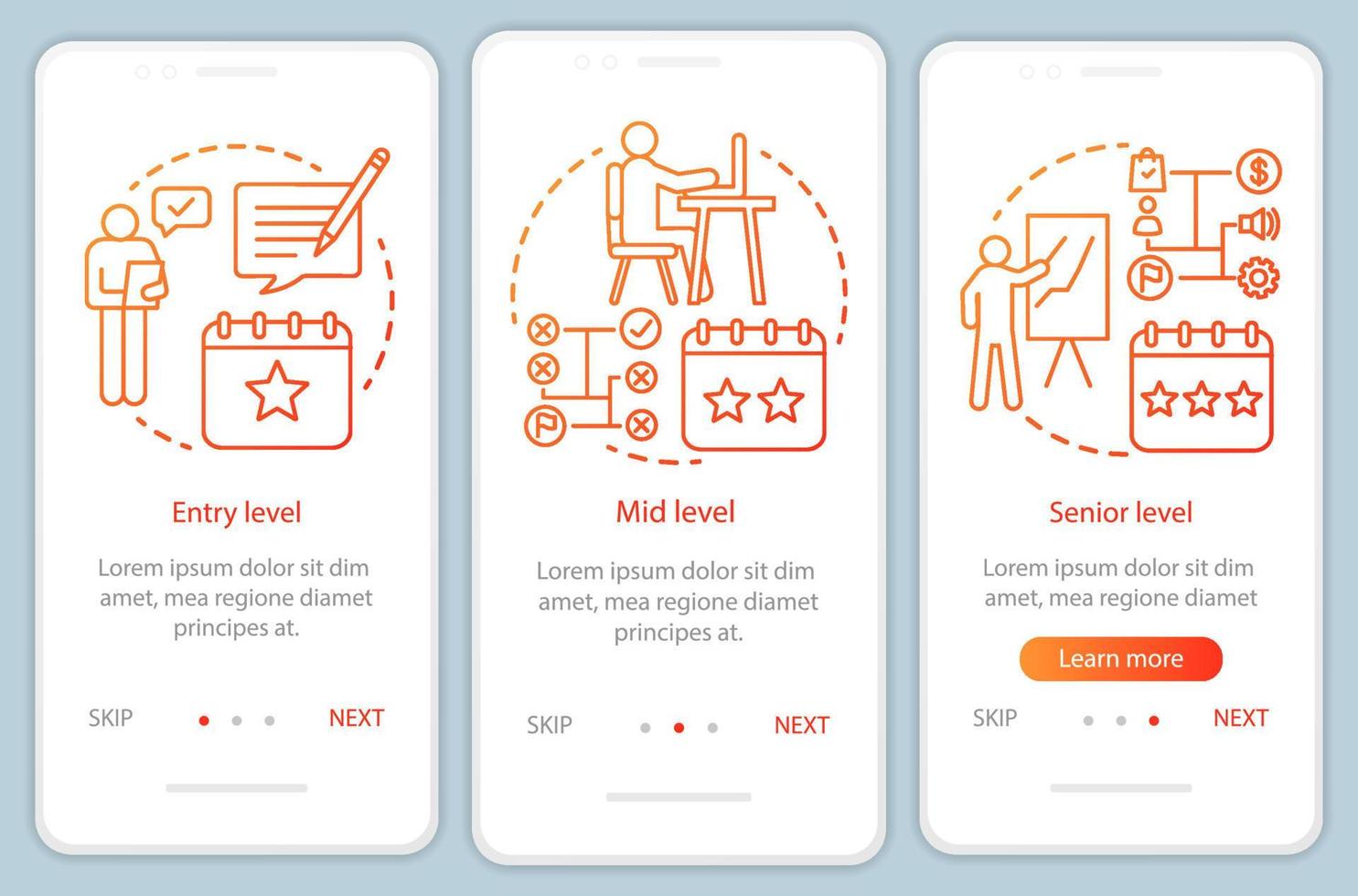 plantilla de vector de pantalla de página de aplicación móvil de incorporación naranja de experiencia laboral. nivel inicial, medio, superior. paso a paso del sitio web con ilustraciones lineales. ux, ui, concepto de interfaz de teléfono inteligente gui