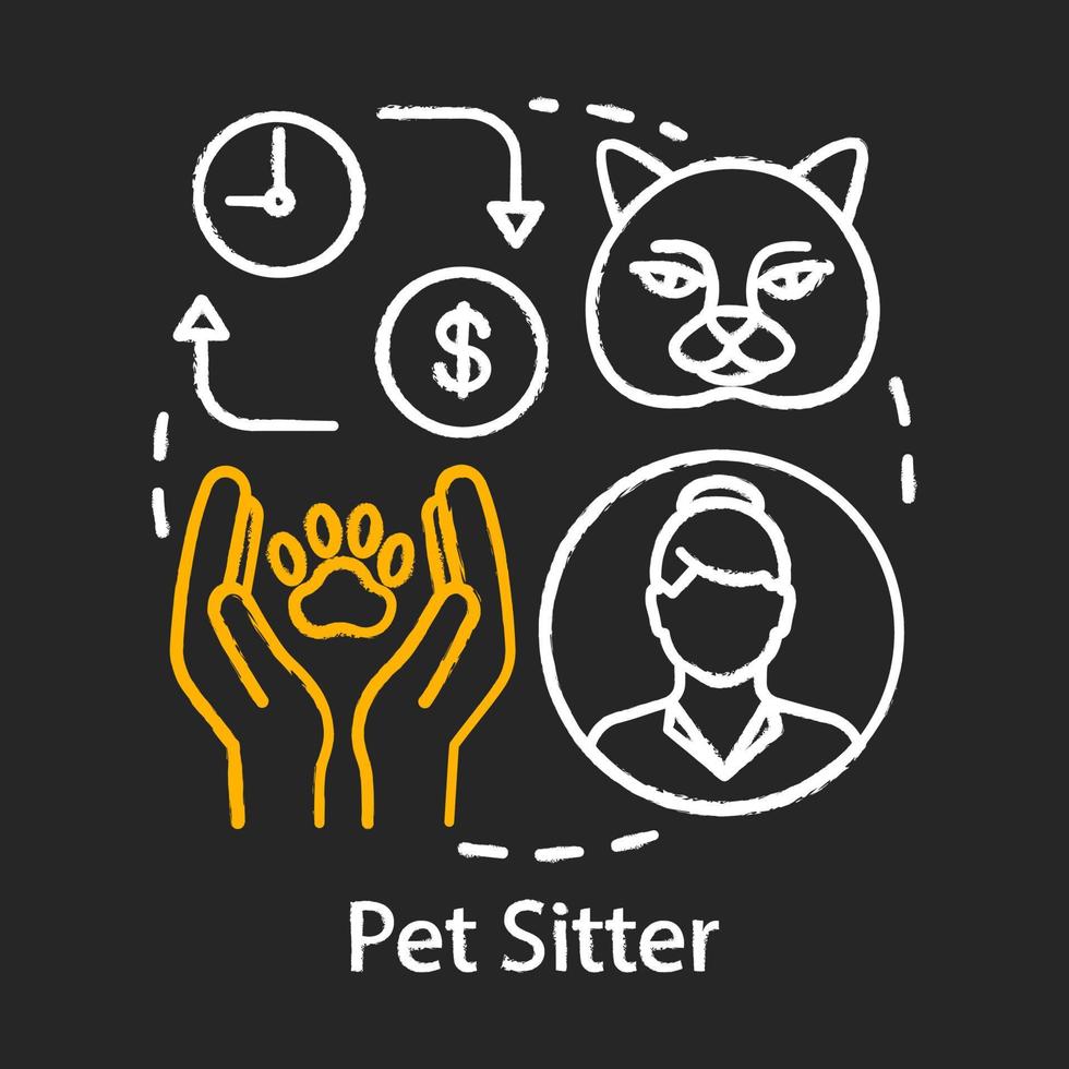 Pet sitter chalk icon. Caring for dog, cat. Domestic animal care. Part time job. Temporary employment. Job arrangement. Pet nanny, concierge, sitting service. Isolated vector chalkboard illustration