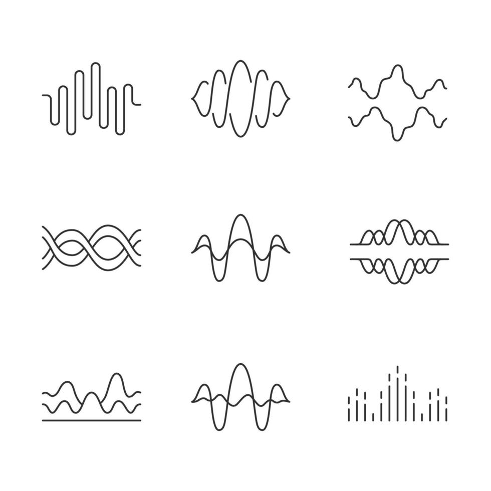 Sound and audio waves linear icons set. Voice recording, radio signal. Digital soundwaves. Melody amplitudes levels. Thin line contour symbols. Isolated vector outline illustrations. Editable stroke