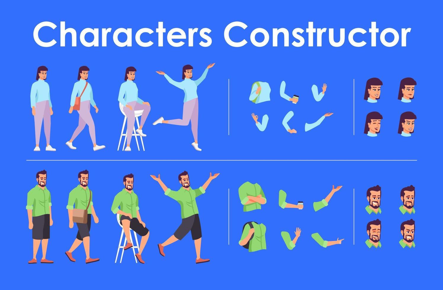 Conjunto de diseño de personajes de vector plano animado de vista frontal de hombre joven y mujer. paquete de dibujos animados de creación de animación de personajes. constructor masculino, femenino con varias emociones faciales, poses corporales, kit de gestos con las manos