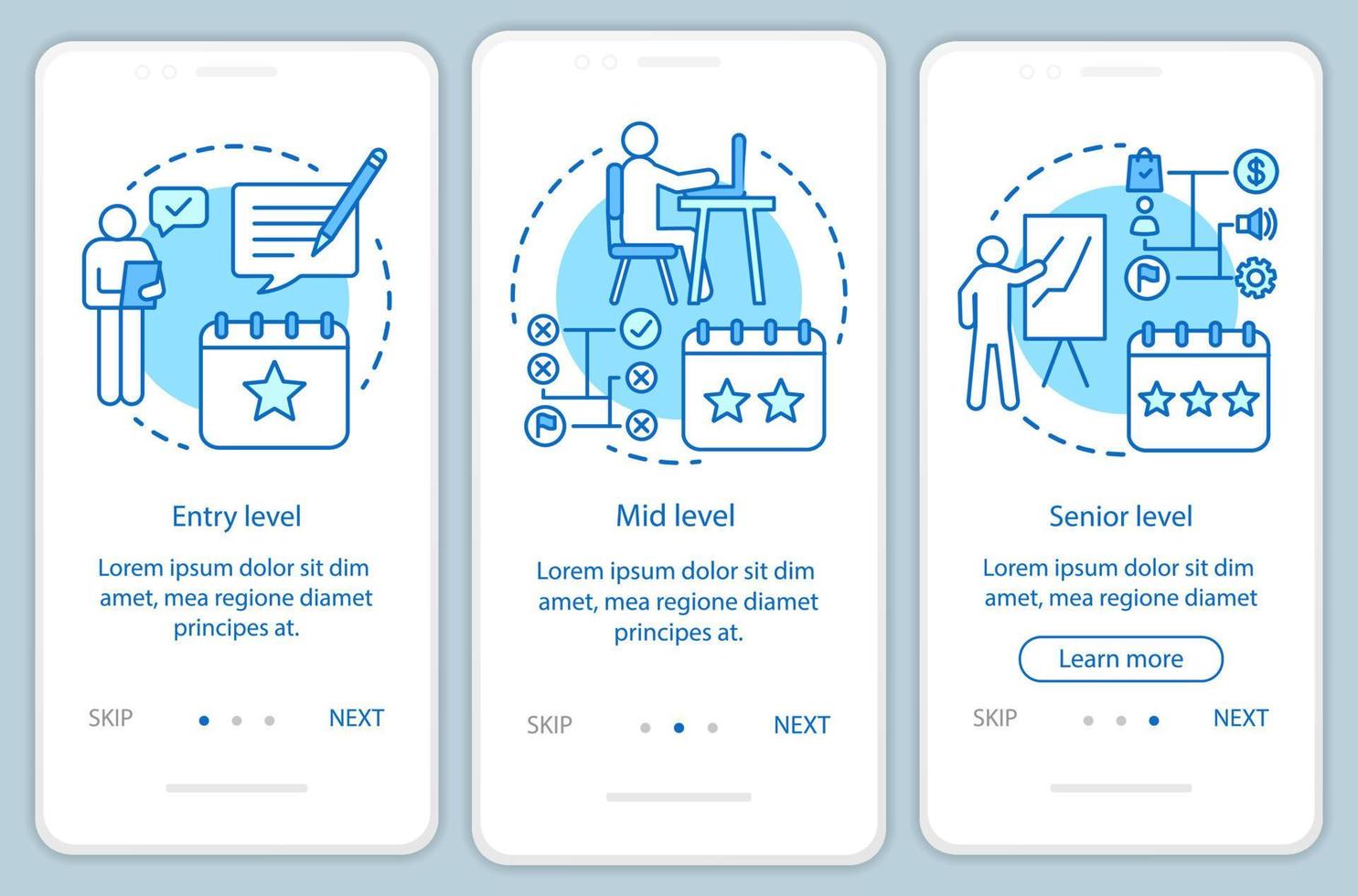 Work experience blue onboarding mobile app page screen with linear concepts. Entry, mid, senior level walkthrough steps graphic instructions. UX, UI, GUI vector template with illustrations