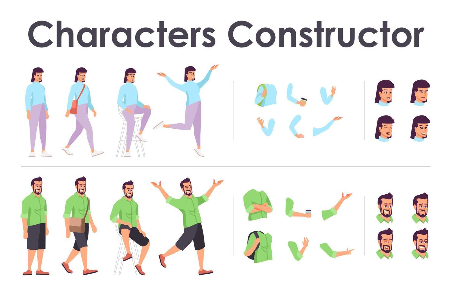 Man, woman front view animated flat vector characters design set. Male, female character animation creation cartoon pack. Students constructor with various face emotion, body poses, hand gestures kit