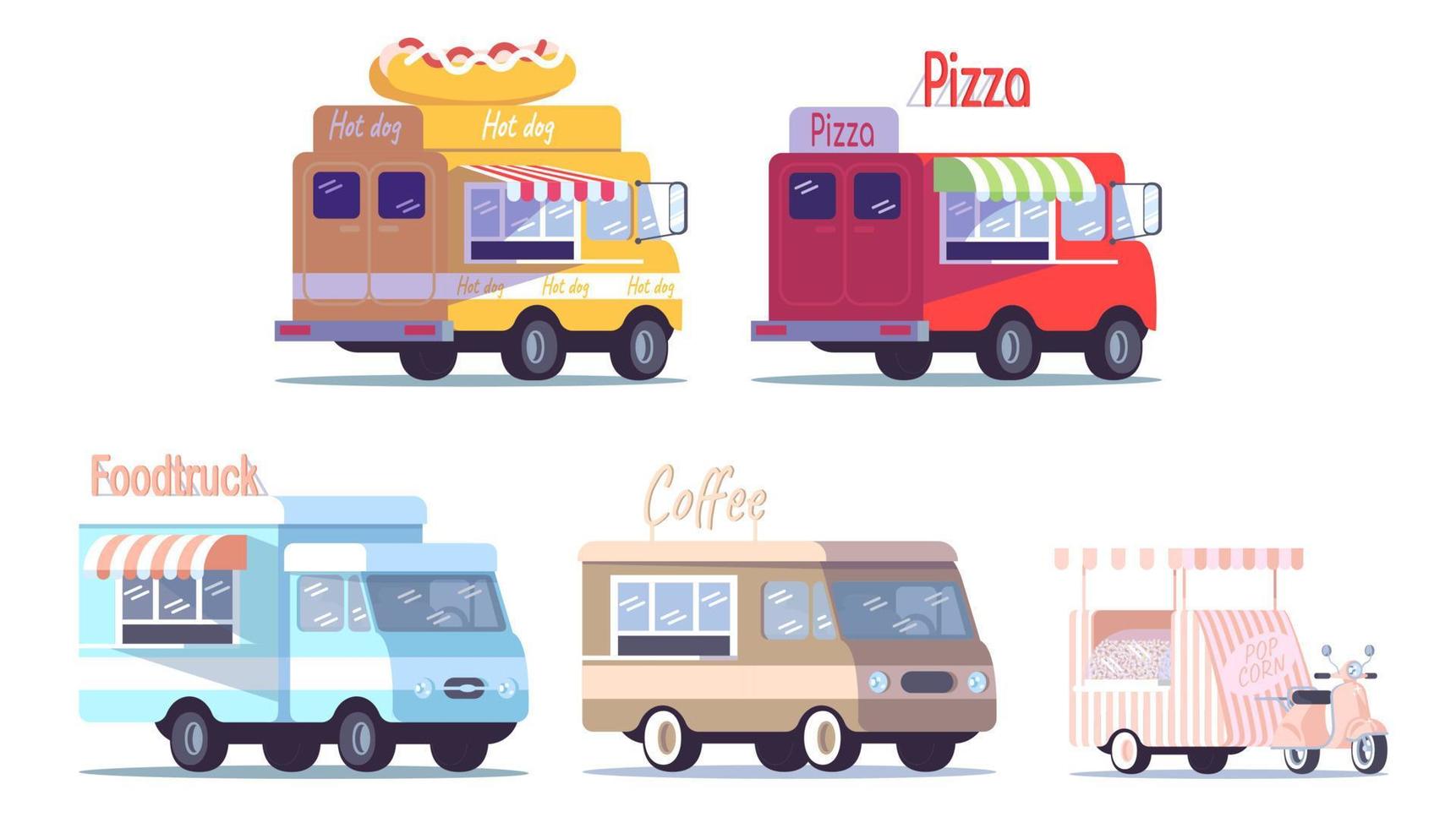 Street food trucks flat vector illustrations set. Ready takeaway meal vehicles. Restaurant, cafe on wheels. Cars for selling hot dogs, pizza, coffee, popcorn isolated cartoon on white background