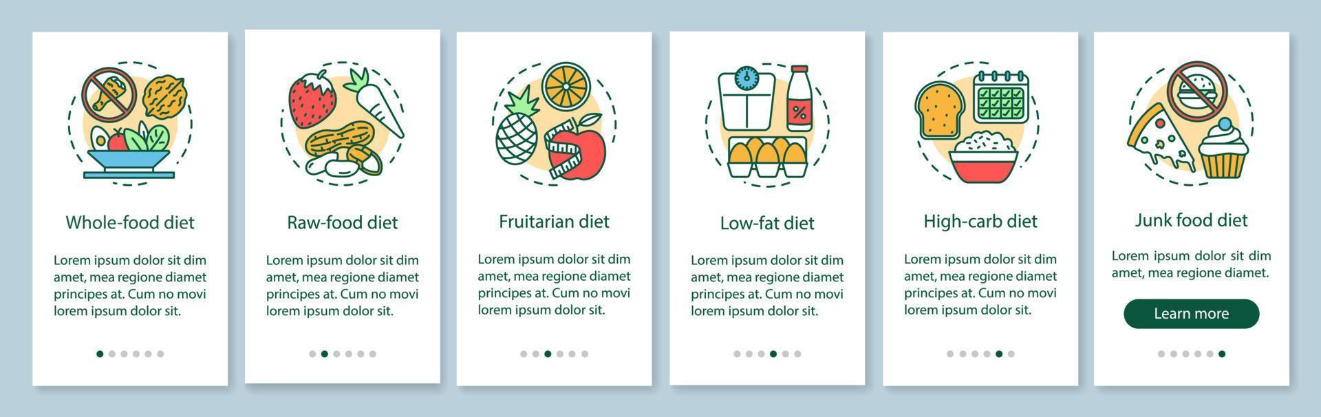 dietas veganas incorporando la pantalla de la página de la aplicación móvil con conceptos lineales. El tutorial de estilo de vida vegetariano sigue las instrucciones gráficas. plan de nutricion ux, ui, plantilla vectorial gui con ilustraciones vector