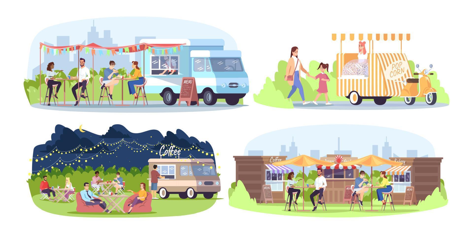 Street food festival flat vector illustrations set. City fest. Park cafe. Summer outdoor rest in town. Ready takeaway meal kiosks, walking, eating, chatting people isolated cartoon characters