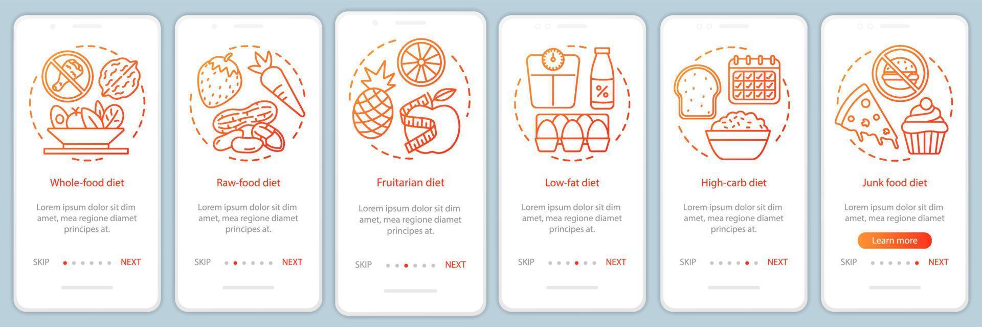 Vegan diets onboarding mobile app page screen vector template. Vegetarian lifestyle walkthrough website steps with linear illustrations. Nutrition plan. UX, UI, GUI smartphone interface concept