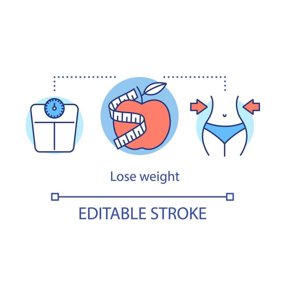 Lose weight, healthy nutrition concept icon. Vegetarian lifestyle benefits idea thin line illustration. Apple with measuring tape and scales vector isolated outline drawing. Editable stroke