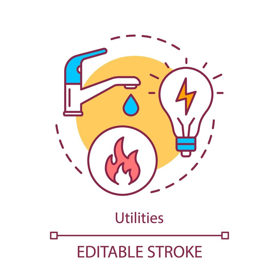 Household utilities concept icon. Public services, water, electricity supply idea thin line illustration. Natural gas, apartment heating system. Vector isolated outline drawing. Editable stroke..