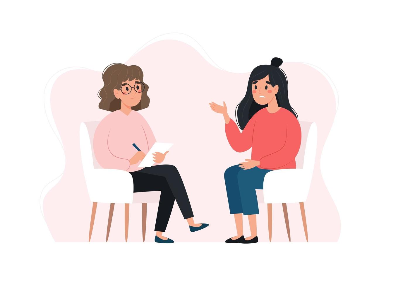 sesión de psicoterapia - mujer hablando con psicóloga. concepto de salud mental, ilustración vectorial en estilo plano vector