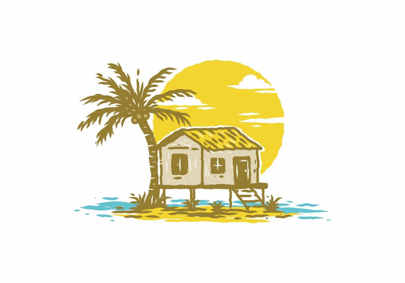 Vintage illustration drawing of house on the beach vector