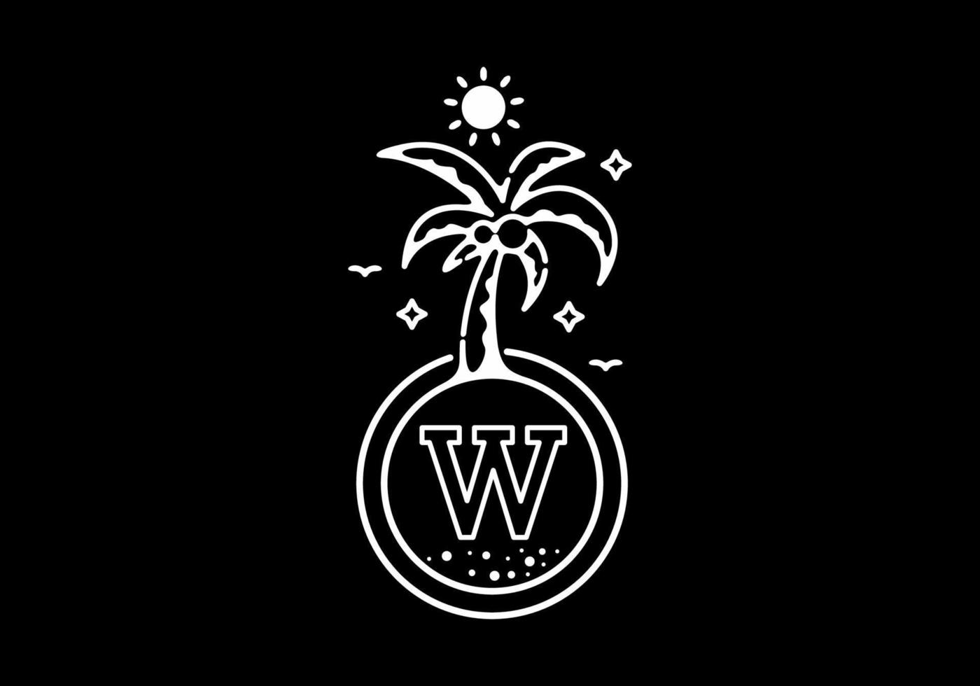 White black line art illustration of coconut tree in the beach with W initial letter vector