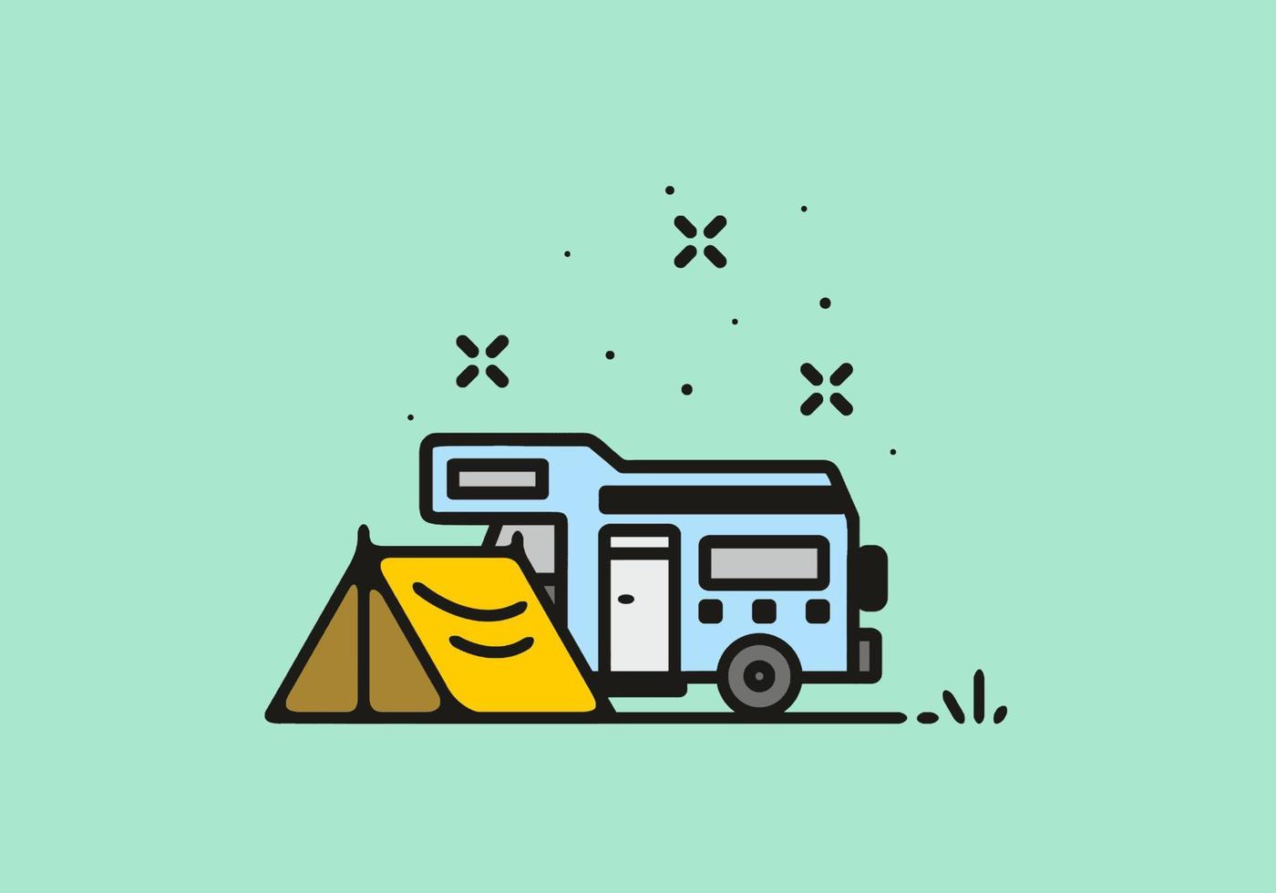 acampar con ilustración de arte de línea de autocaravana vector