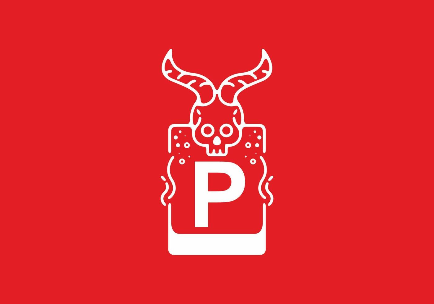 White red line art illustration of skull with P initial letter in the middle vector