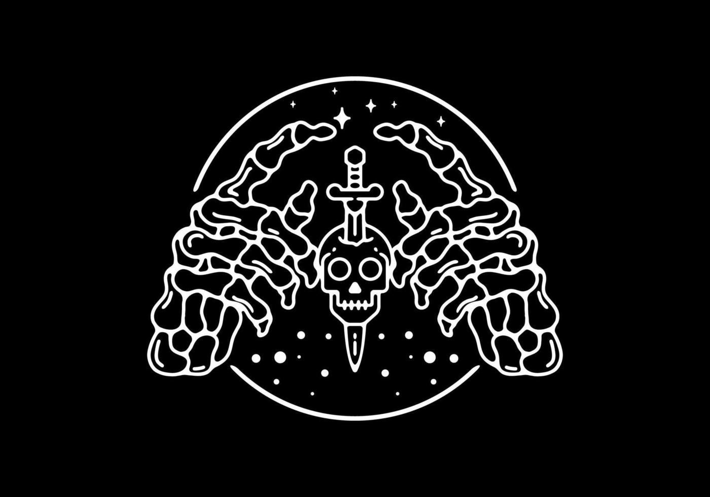 White on black color of skeleton hand with head and sword illustration vector