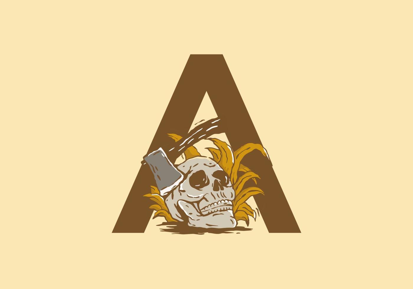 Skeleton head and ax illustration drawing with A initial letter vector