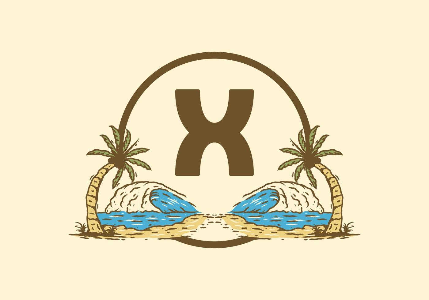 Sea wave and coconut tree line art drawing with X initial letter vector