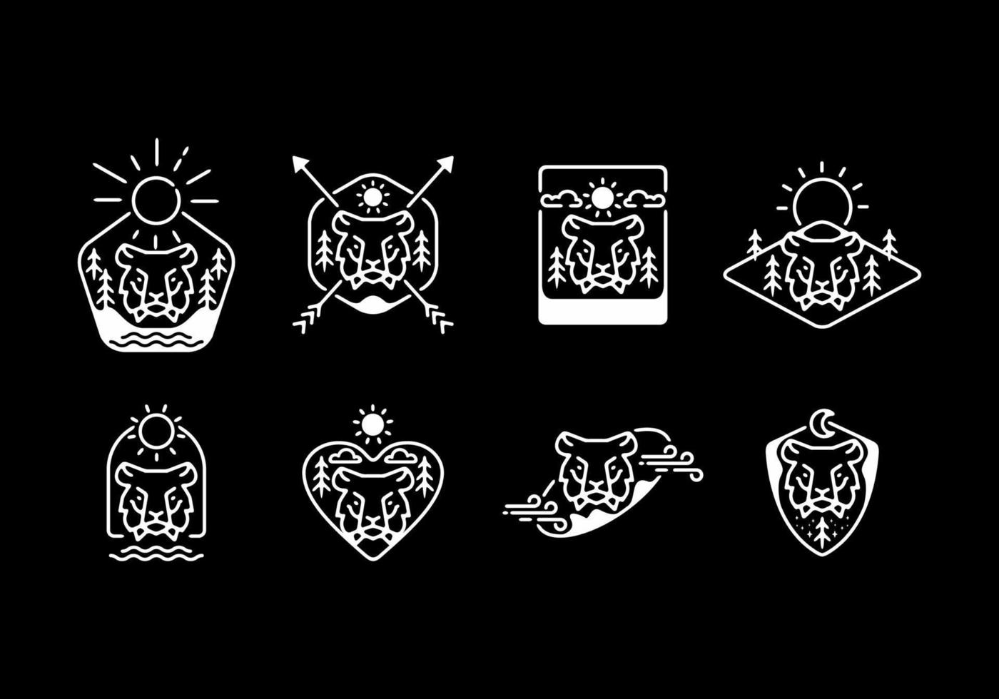 White black line art badge of tiger head set vector