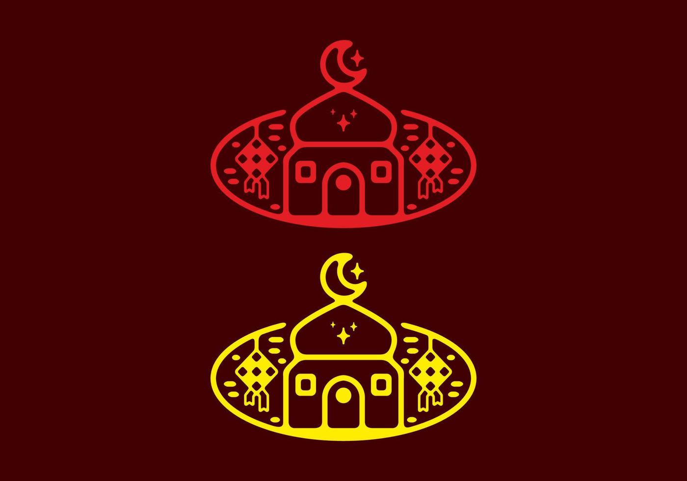 Red and yellow in dark background of Mosque and ketupat flat illustration vector