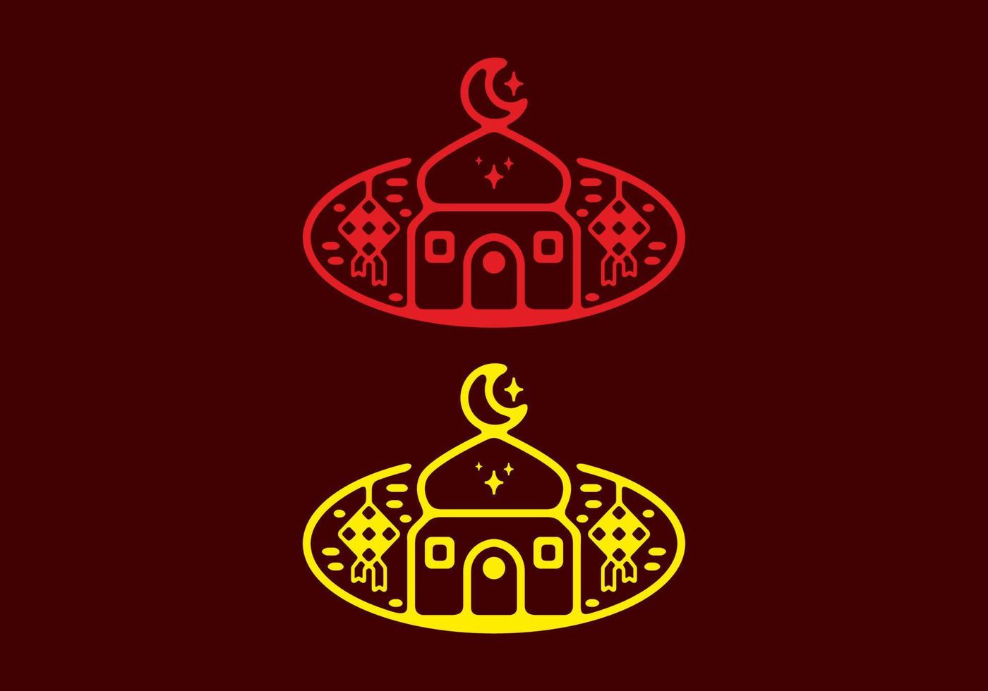 Red and yellow in dark background of Mosque and ketupat flat illustration vector