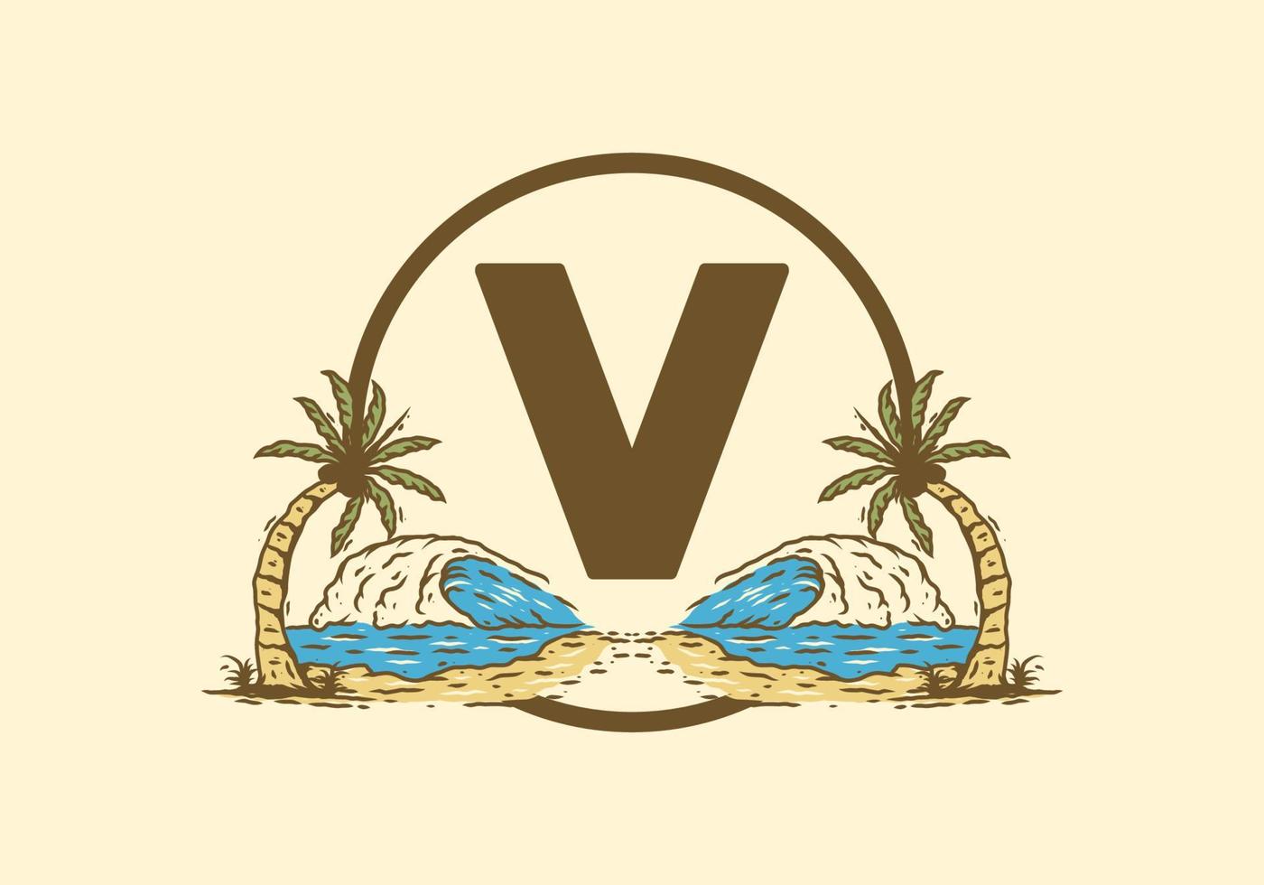 Sea wave and coconut tree line art drawing with V initial letter vector