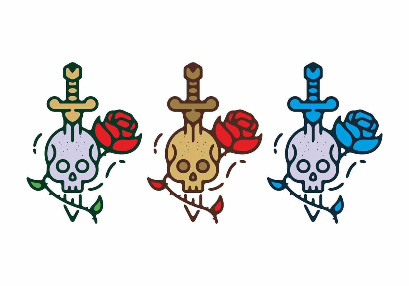 Skull sword and rose colorful tattoo set vector