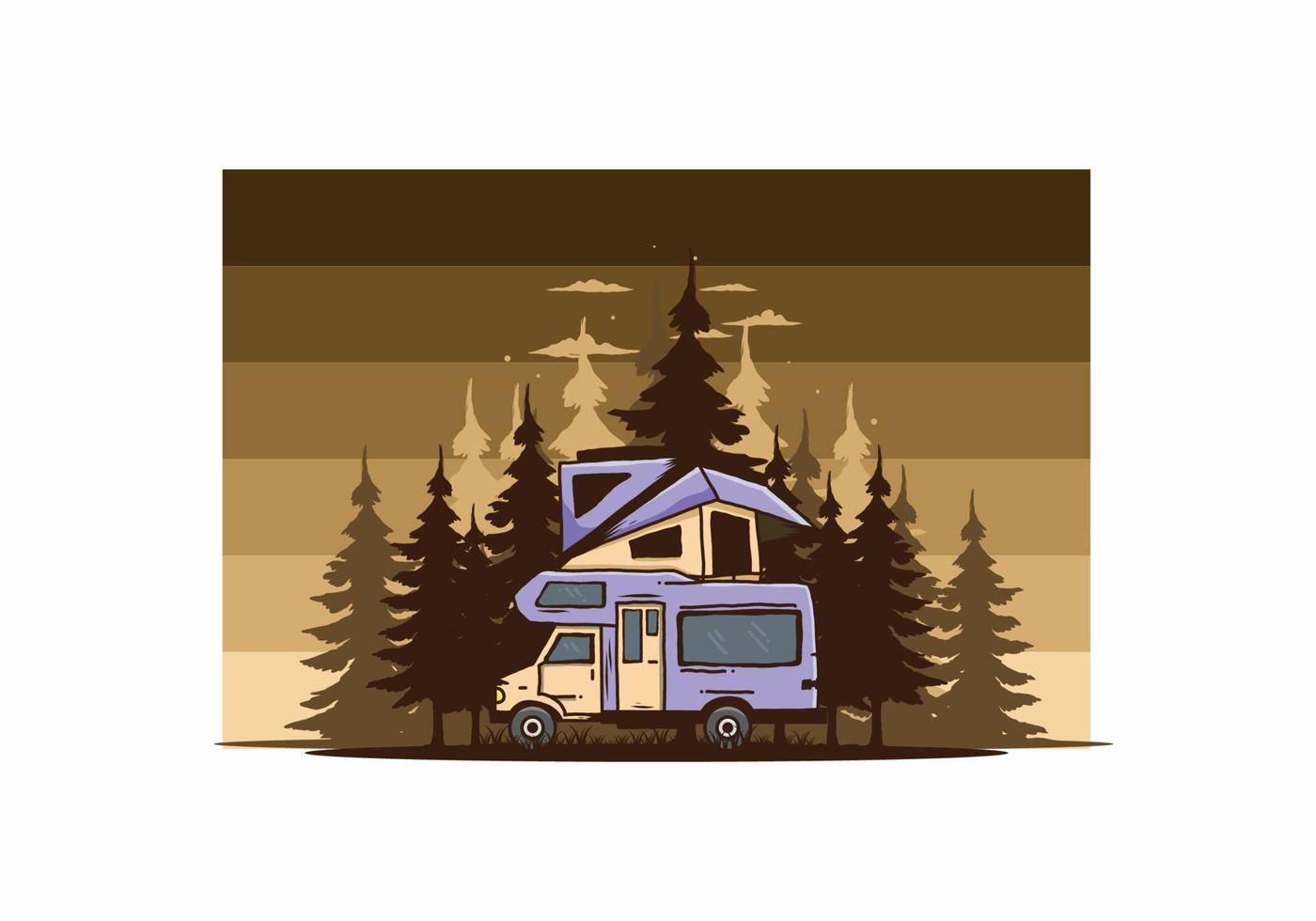 Car roof camping in the jungle illustration vector