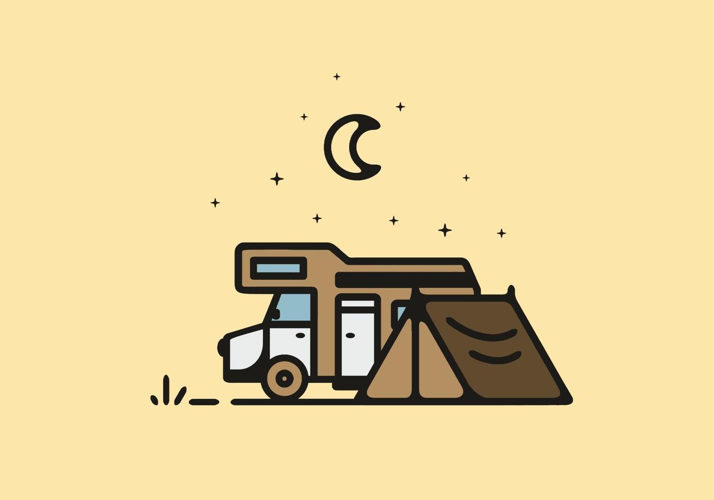 Camping with camper van line art illustration vector