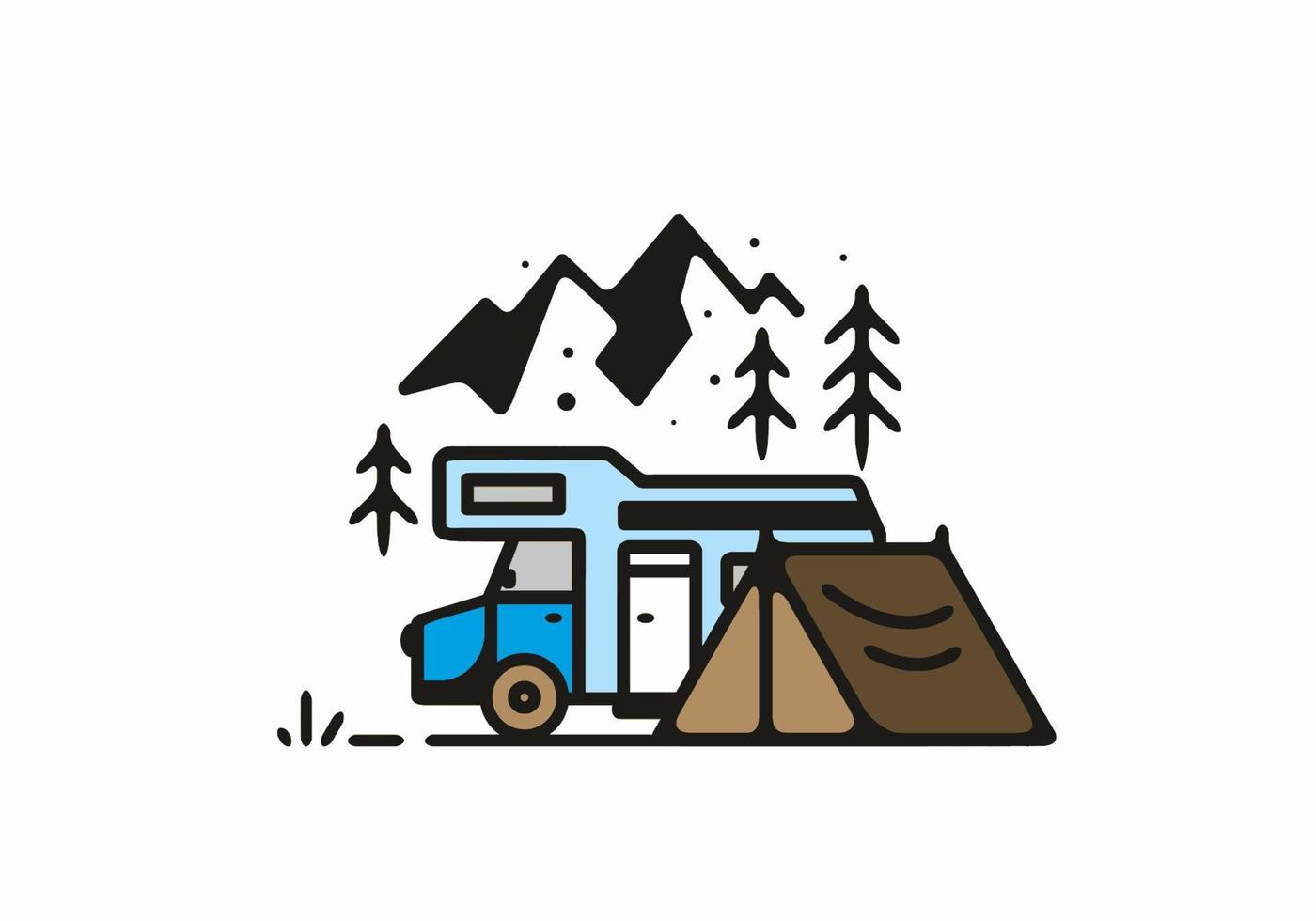 Camping with camper van line art illustration vector